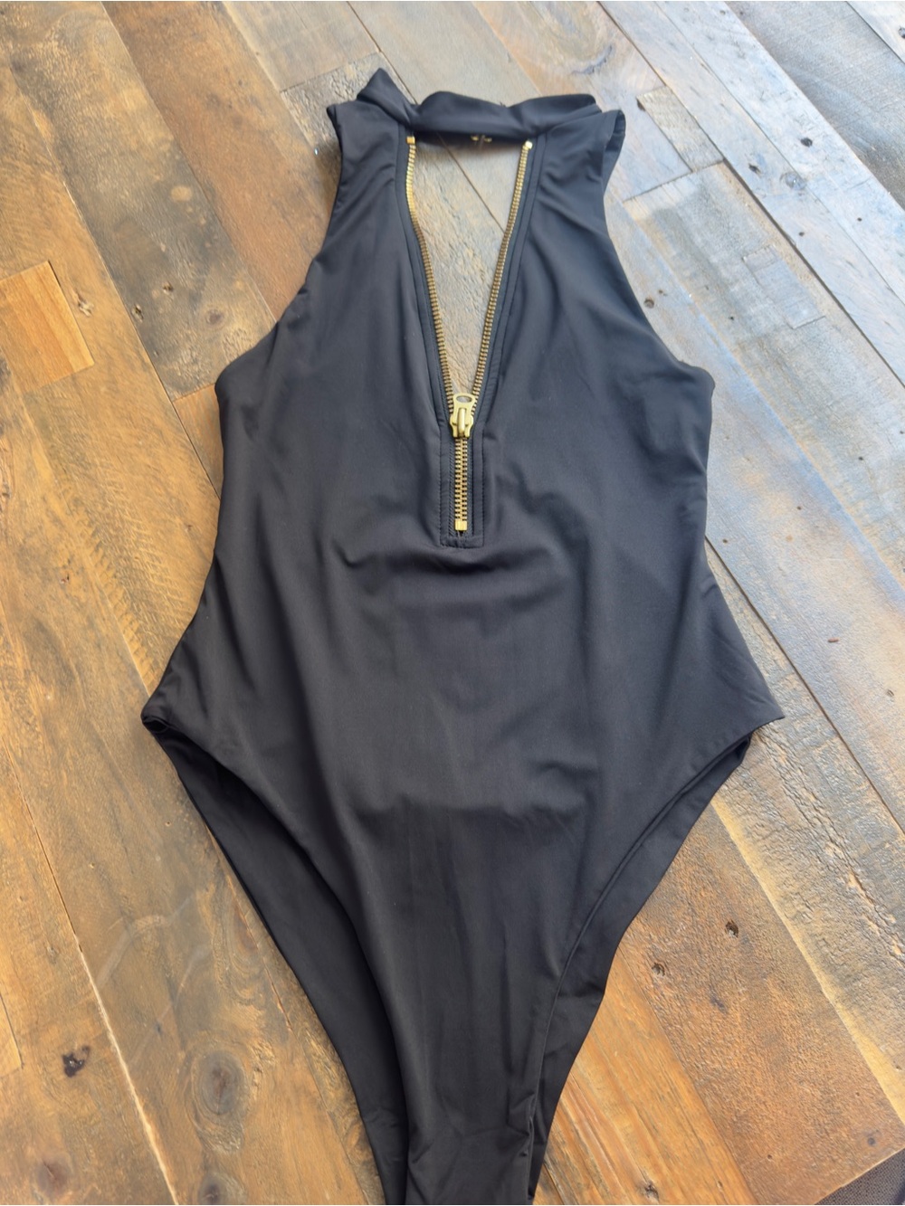 Beach Bunny Black One-Piece Swimsuit with Gold Zip